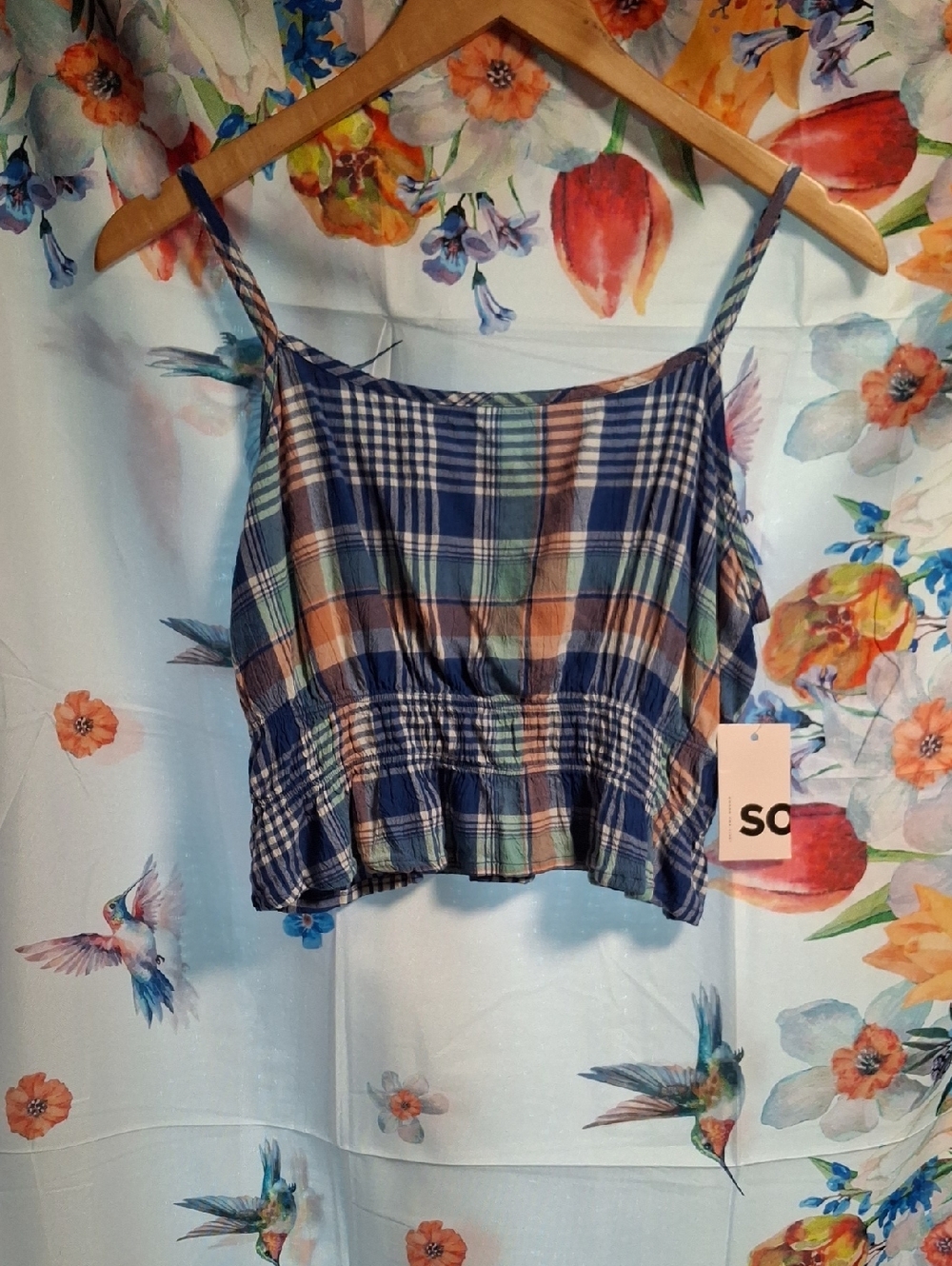 New SO Plaid Smocked Crop Cami in Blue and Green Size Small